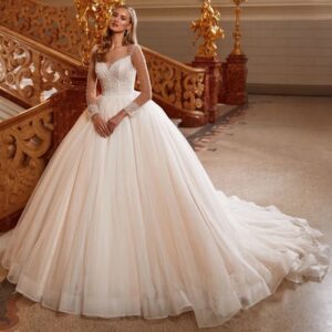 transparent-long-sleeve-beaded-lace-ball-gown-wedding-dress