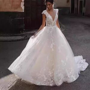 v-neck-floral-applique-a-line-wedding-dress-with-train