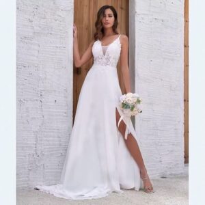 v-neck-lace-wedding-dress-spaghetti-straps-slit-skirt