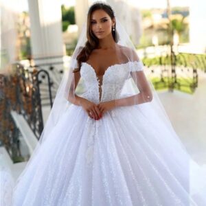 white-plunging-sweetheart-off-the-shoulder-ball-gown-wedding-dress