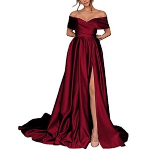 burgundy-off-shoulder-satin-prom-dress-side-slit
