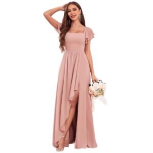 flutter-sleeve-light-blue-chiffon-bridesmaid-dress-side-slit