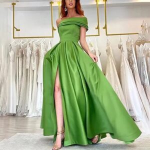 green-one-shoulder-satin-prom-dress-side-slit-ball-gown