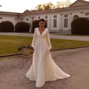 long-sleeve-chiffon-wedding-dress-a-line-bridal-gown-deep-v-neck-front