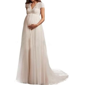 maternity-lace-wedding-dress-empire-waist-a-line-tulle-bridal-gown-front-view