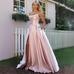 pink-satin-strapless-prom-dress-draped-bodice-a-line-side-slit-with-pockets-front-view