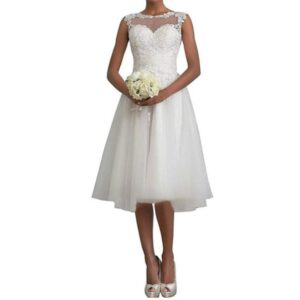 tea-length-lace-wedding-dress-sleeveless-a-line-tulle-bridal-gown-front