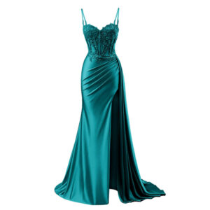 teal-satin-prom-dress-sheer-corset-waist-draped-side-slit-lace-bodice