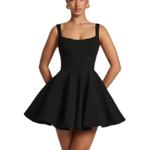 black-square-neck-homecoming-dress-a-line-mini-party-dress-with-structured-bodice-short-skater-skirt-and-pockets