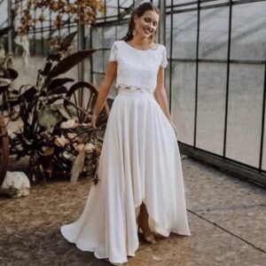 boho-two-piece-wedding-dress-lace-top-short-sleeves-chiffon-a-line-high-low-skirt-round-neck-bridal-dress-for-garden-wedding