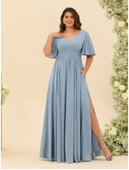 dusty-blue-plus-size-chiffon-bridesmaid-dress-with-high-side-slit-flutter-sleeves-and-pockets