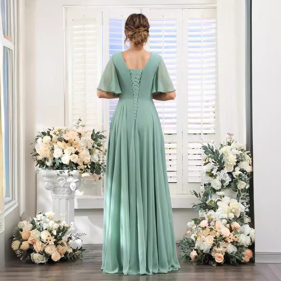 sage-green-v-neck-pleated-bodice-chiffon-bridesmaid-dress-lace-up-back-view