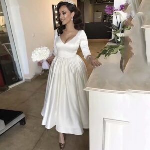 simple-satin-tea-length-wedding-dress-v-neck-3-4-sleeves-a-line-bridal-gown-front-view