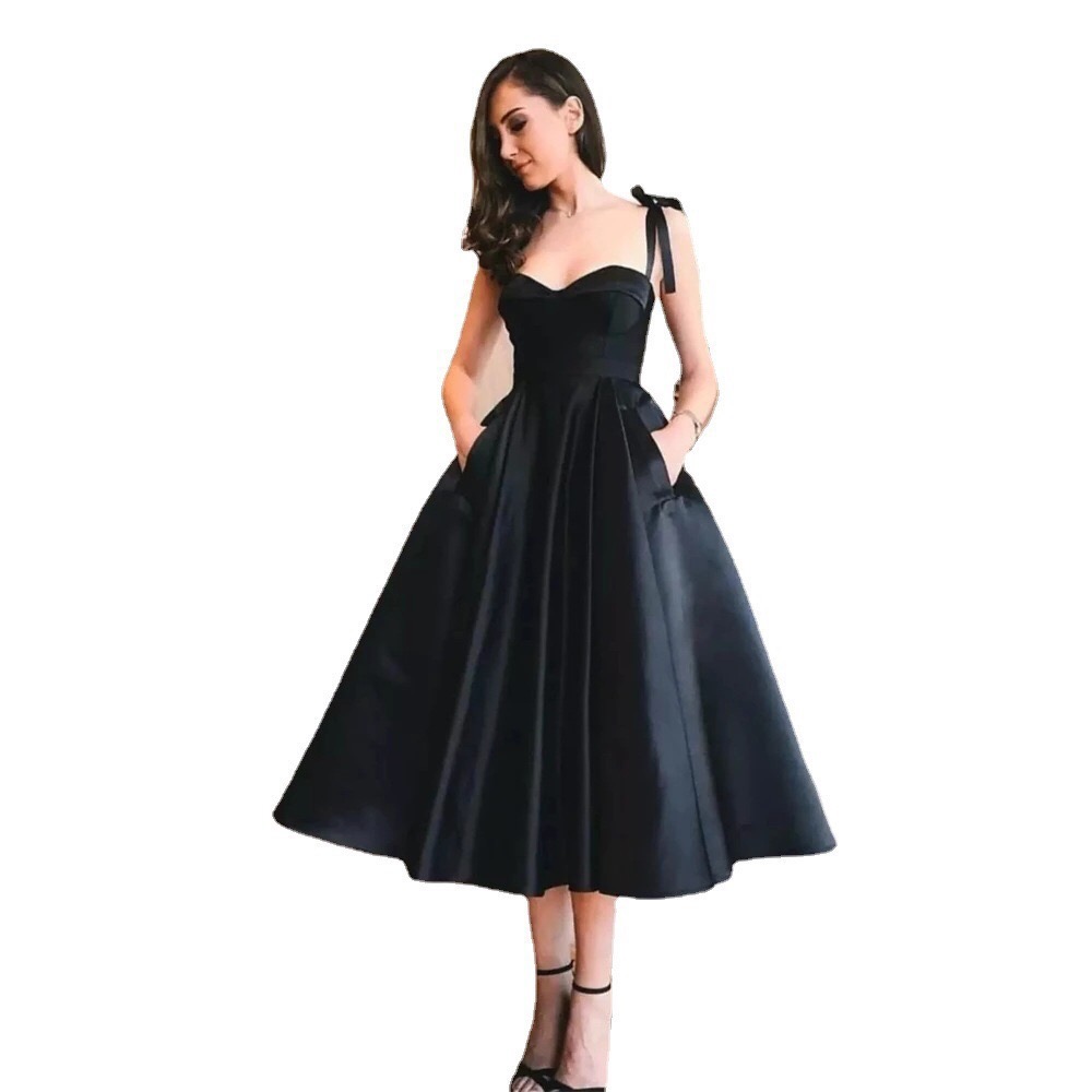 tea-length-black-satin-a-line-prom-dress-tie-shoulder-bow-straps-sweetheart-neck-midi-formal-gown