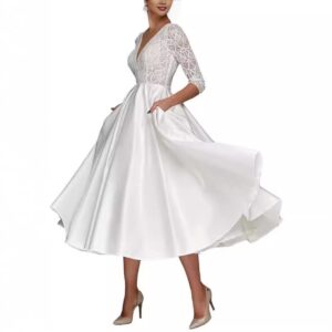 tea-length-satin-wedding-dress-lace-v-neck-three-quarter-sleeves-a-line-bridal-gown-with-geometric-lace-bodice-and-pockets