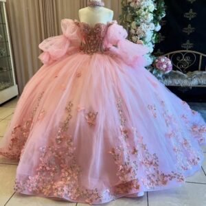 pink-off-shoulder-quinceanera-ball-gown-with-butterfly-applique-beaded-corset-bodice-detachable-puff-sleeves-and-glitter-tulle-skirt